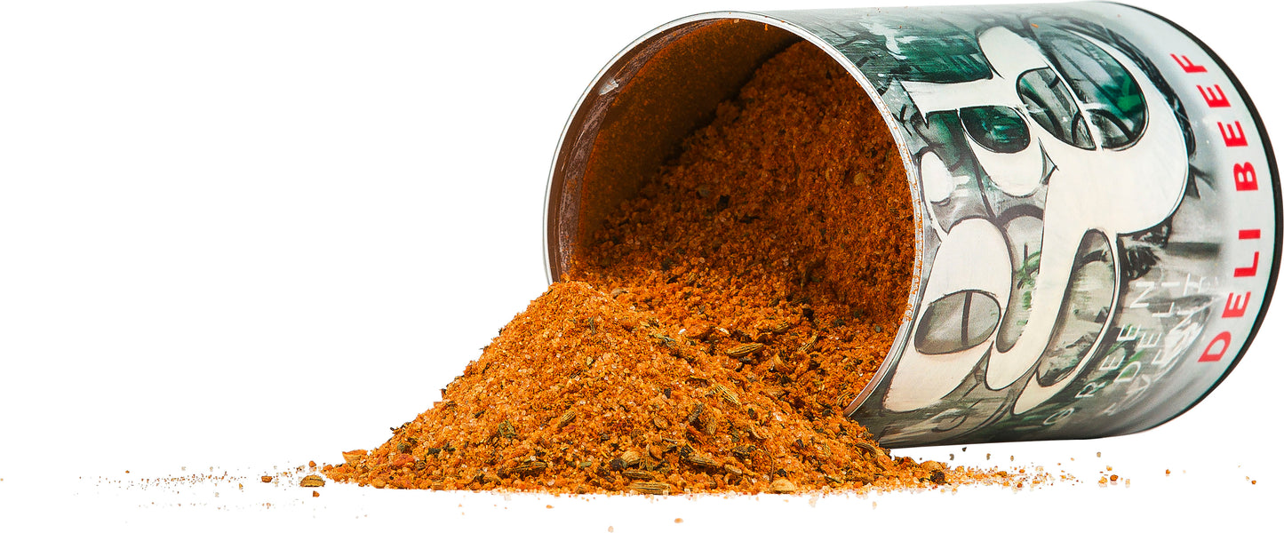 Deli Beef Gewürzdose ligend mit dem fruchtigen leckerer Rub mit Anis, Ingwer, Koriander und Paprika