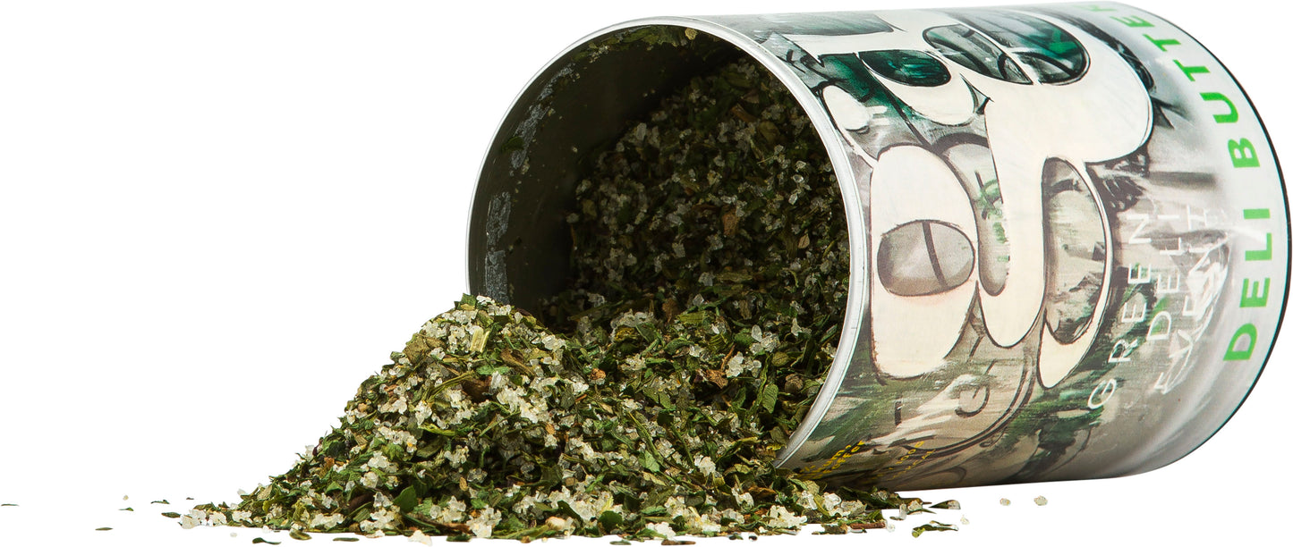 Deli Butter Dose mit dem Kräuter Inhalt der Dose mit Meersalz, Petersilie, Schnittlauch, Basilikum, Liebstöckel, Dill