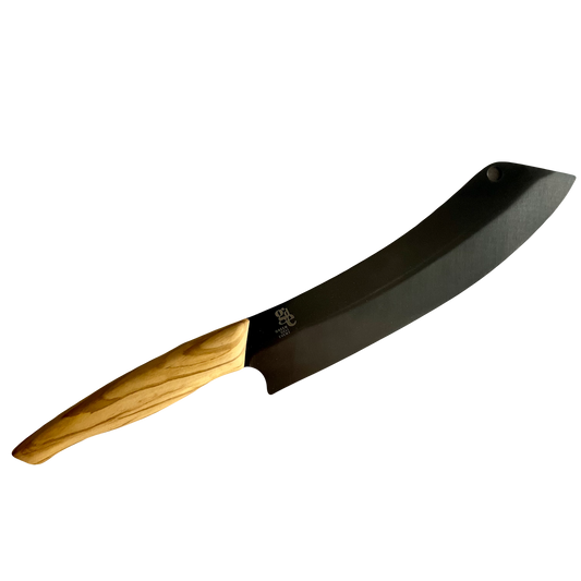Ein Barbequemesser mit schwarzer Klinge und einem Olivenholz Griff - Klingenlänge 21cm