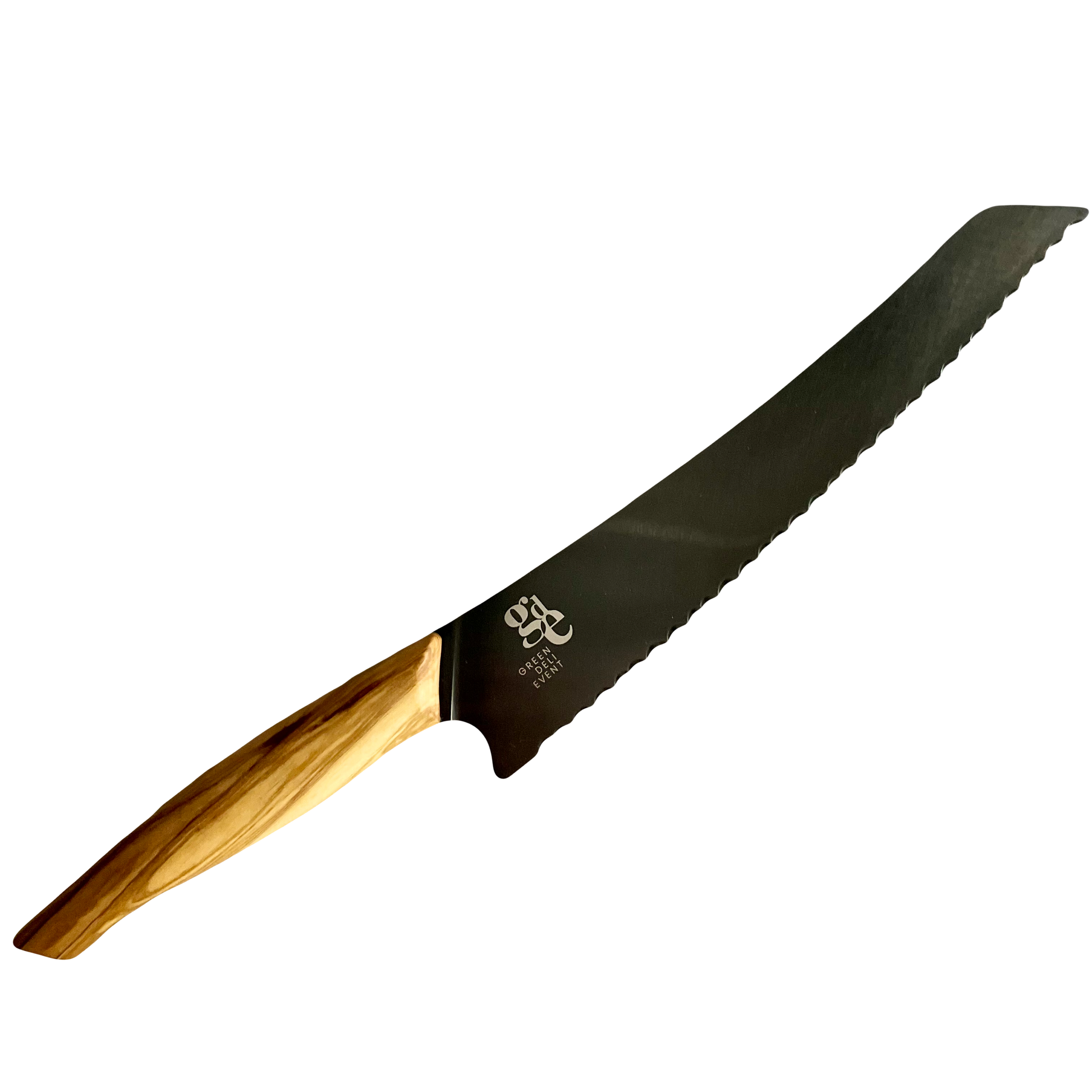 Ein Brotmesser mit schwarzer Klinge und einem Olivenholz Griff - Klingenlänge 26,5cm