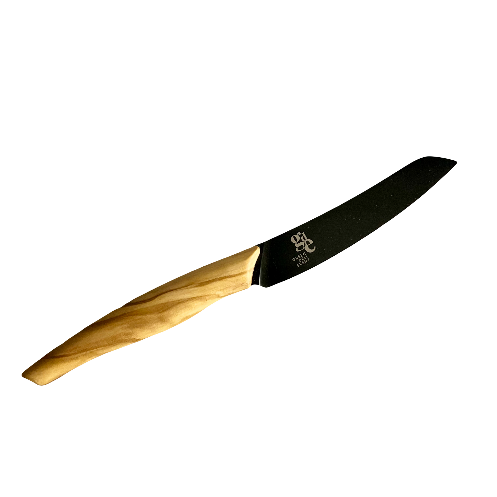 Ein kleines Messer mit schwarzer Klinge die 11cm lang ist und einem Olivenholz Griff