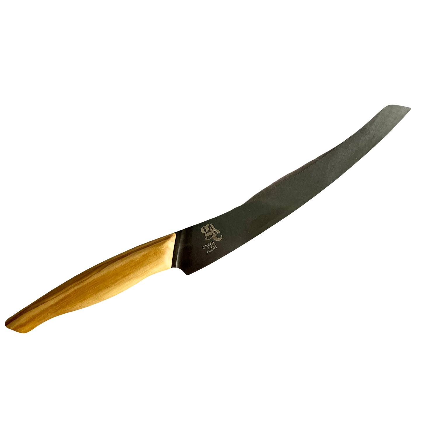 Ein Filetiermesser mit schwarzer Klinge die 21,5cm lang ist und einem Olivenholz Griff